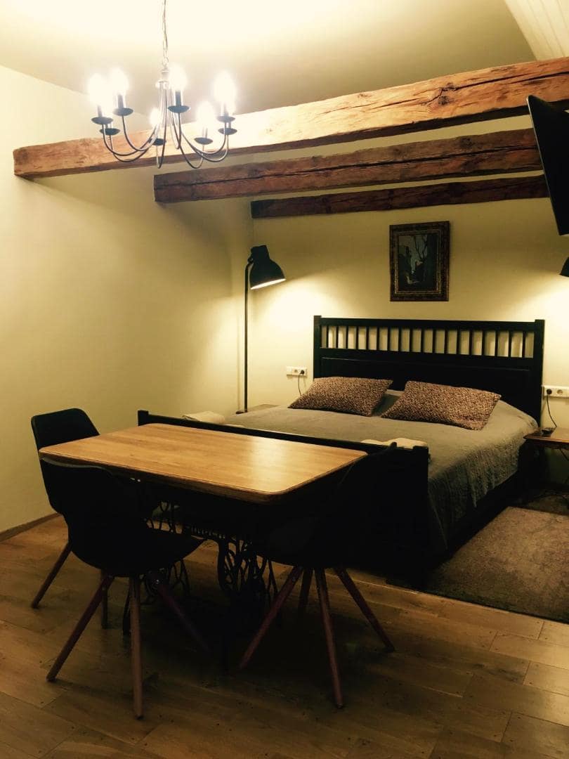 Fotogrāfa studijas apartaments — istaba ar dīvānu un gultu